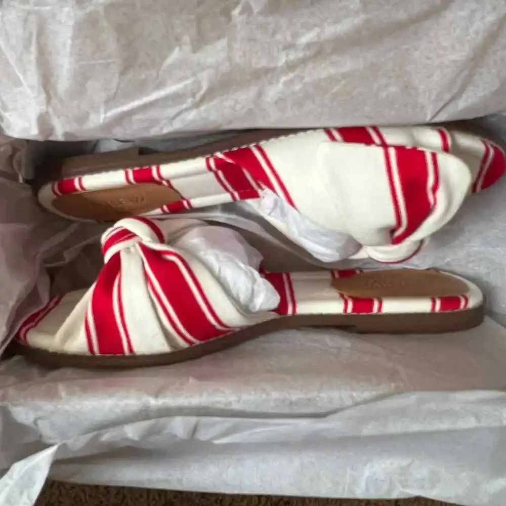 J.Crew Red Ivory Stripe Print Knot Slide Sandals, US7.5