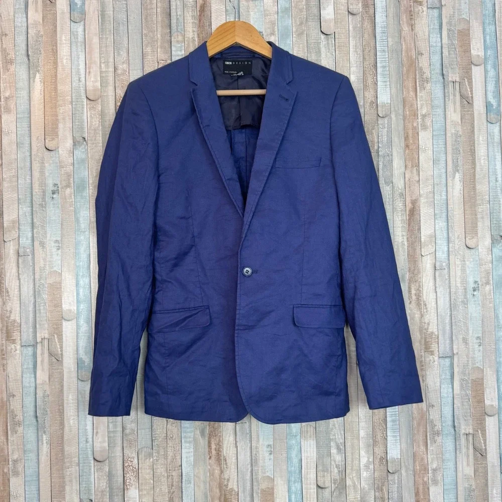 ASOS Mens Blue Cotton Linen Blend Slim Fit Blazer Jacket 38 38L Spring Summer