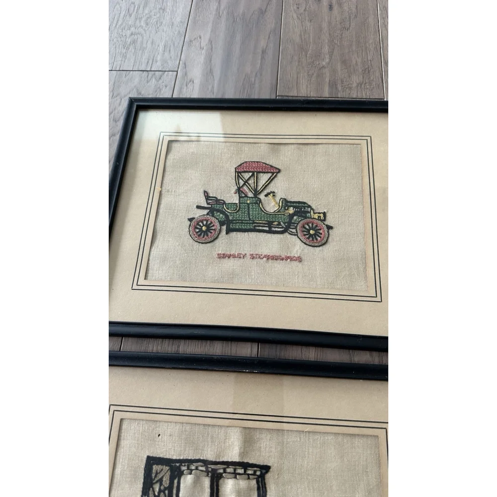 6 VINTAGE COMPLETED EMBROIDERY Antique Cars Framed Old Frames