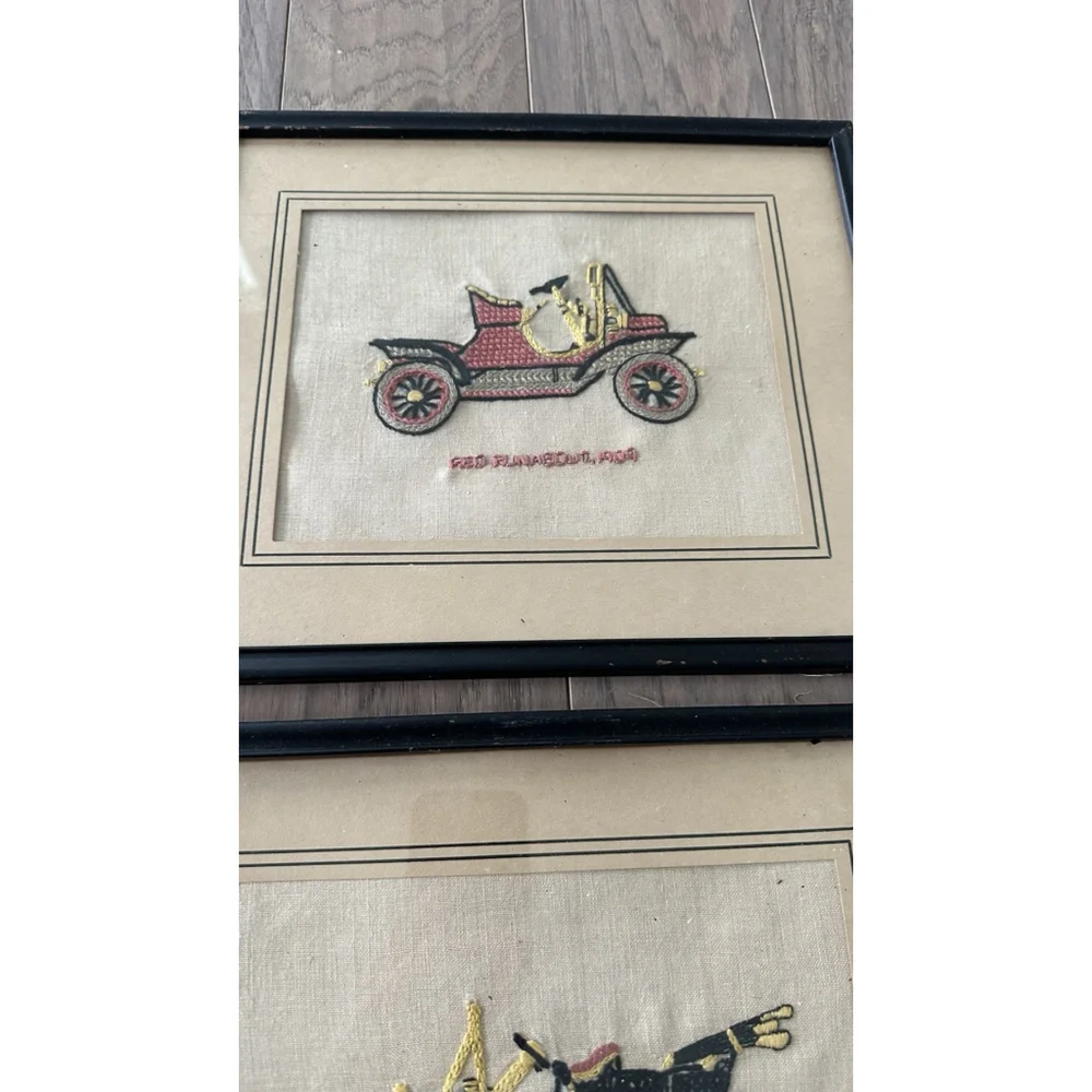 6 VINTAGE COMPLETED EMBROIDERY Antique Cars Framed Old Frames