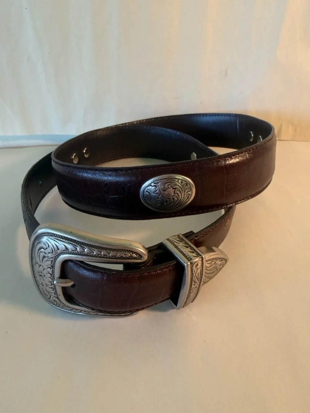 Vintage Western Leather Belt Silver Tone Conchos Engraved Buckle Brown Boho
