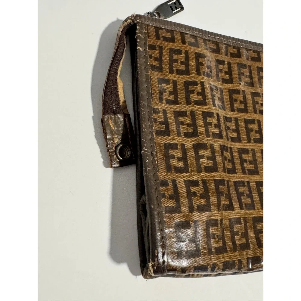 Fendi Zucca FF Logo Monogram Brown Canvas w/ Leather Trim Large Pouch Clutch Bag