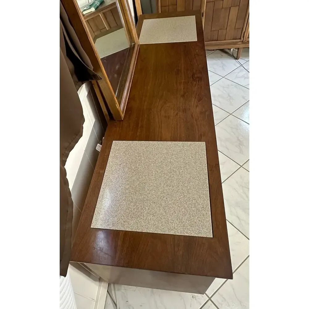 Bassett Mayan Walnut Credenza Long Dresser Marble Insets Mid Century Modern