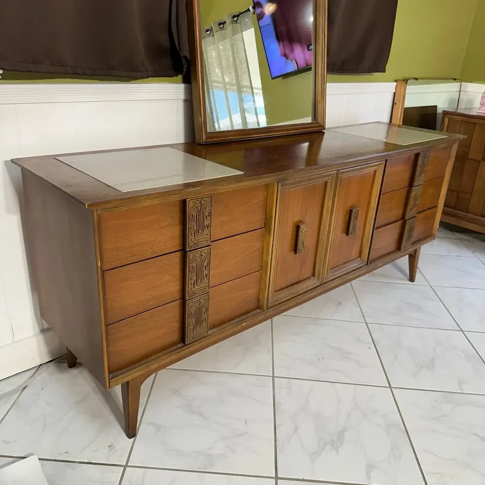 Bassett Mayan Walnut Credenza Long Dresser Marble Insets Mid Century Modern