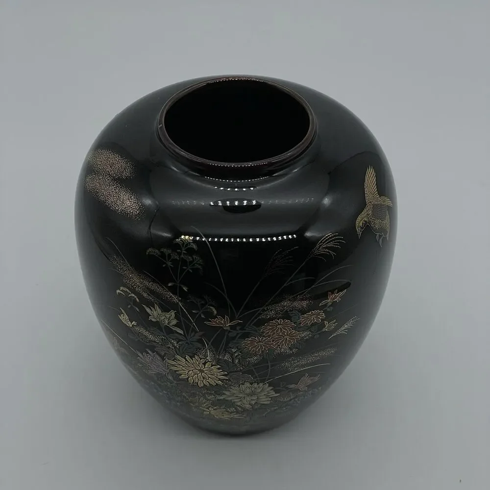Japanese Kutani Porcelain Flower Vase Kabin VTG Floral Plum Bird Blossom Ikebana