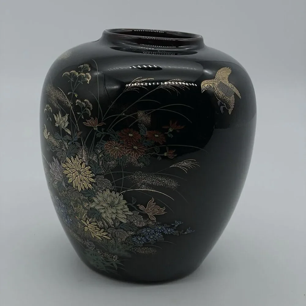 Japanese Kutani Porcelain Flower Vase Kabin VTG Floral Plum Bird Blossom Ikebana