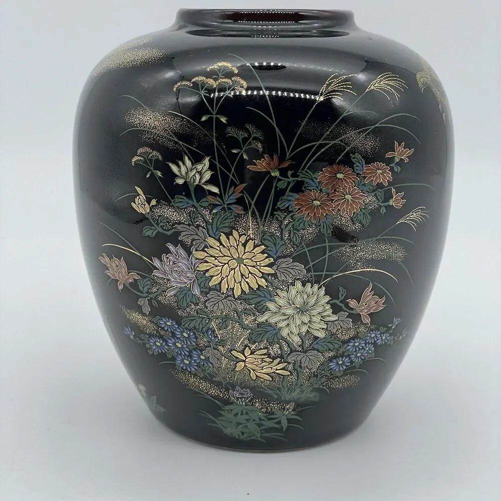 Japanese Kutani Porcelain Flower Vase Kabin VTG Floral Plum Bird Blossom Ikebana