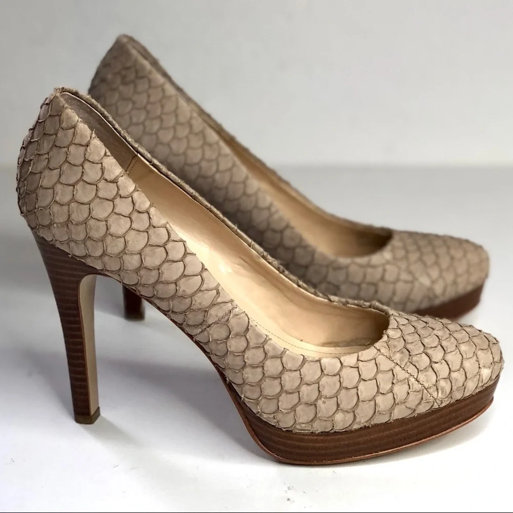 Calvin Klein Kendall fish skin textured scaly stilettos platform tan beige sand