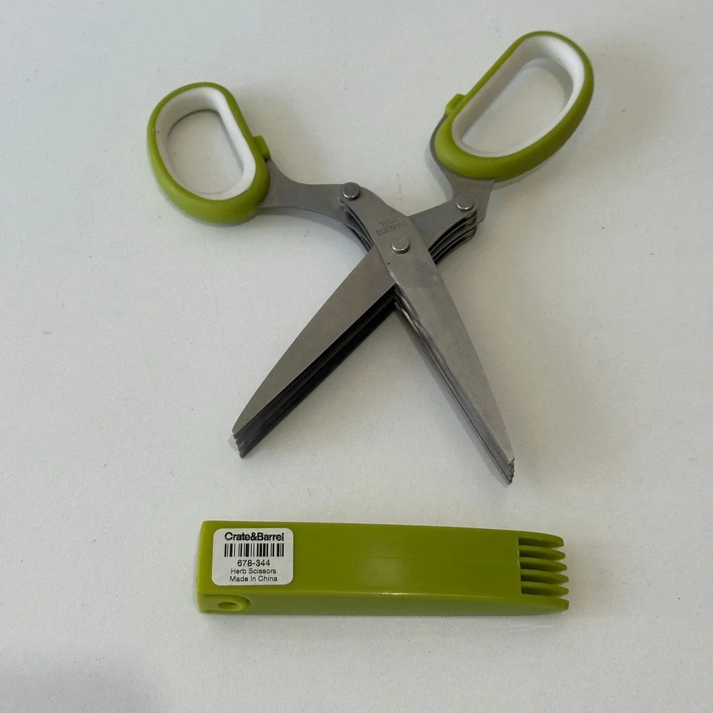 Crate and Barrel Stainless Steel Herb Scissors with Green Handles Cover 5 Blade