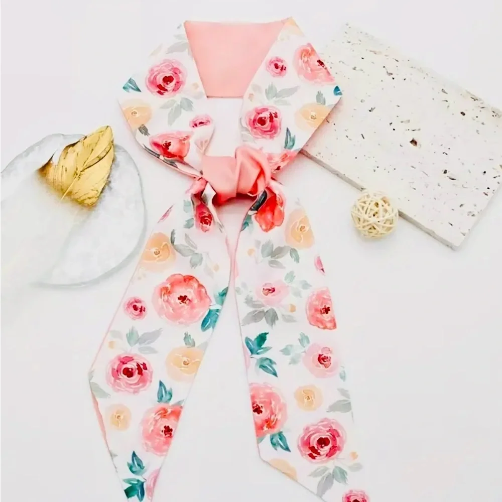 Floral Pink Rose Print Ribbon Hair Scarf – Feminine Accessory for Women