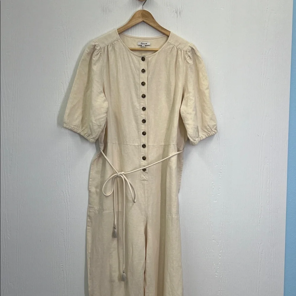 Madewell - Linen Blend Button Down Ivory Puff Short Sleeve Jumpsuit Size XL