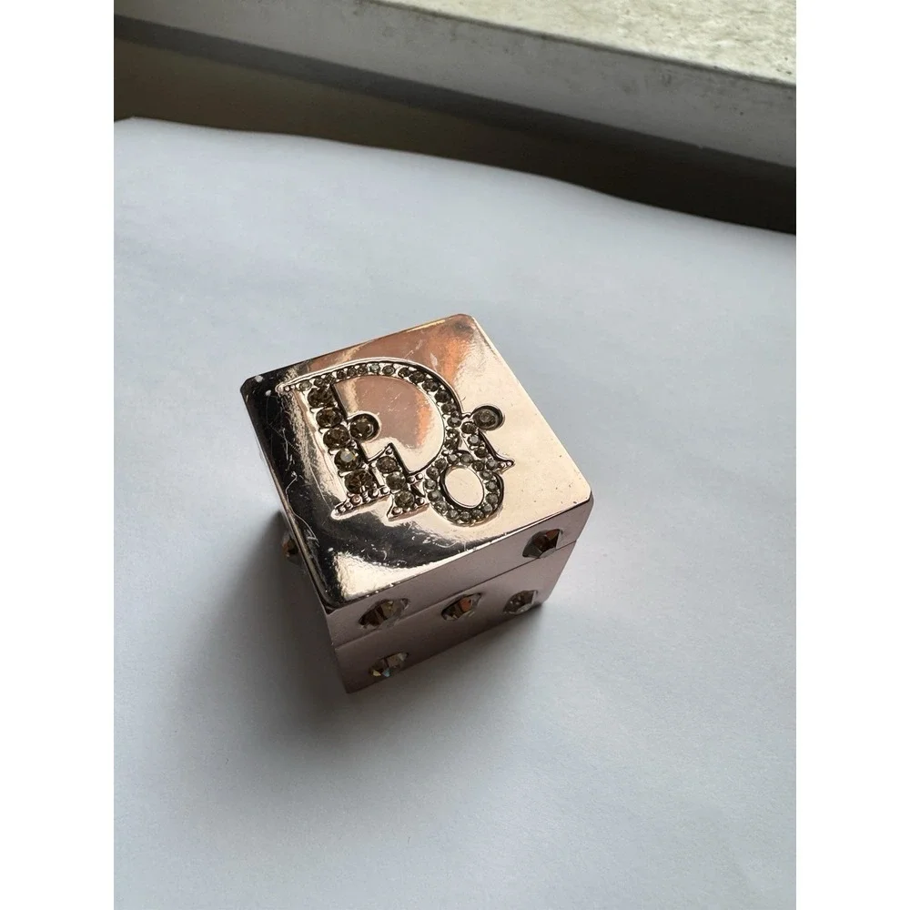 Vintage Rare Dior France Dice Box Case With Rhinestones Metal Mirror