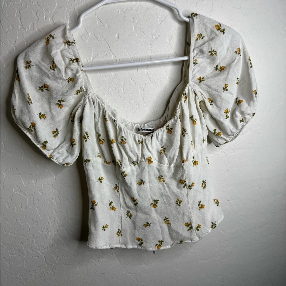 NWT Reformation Cream Puff Sleeve Cropped Floral Blouse