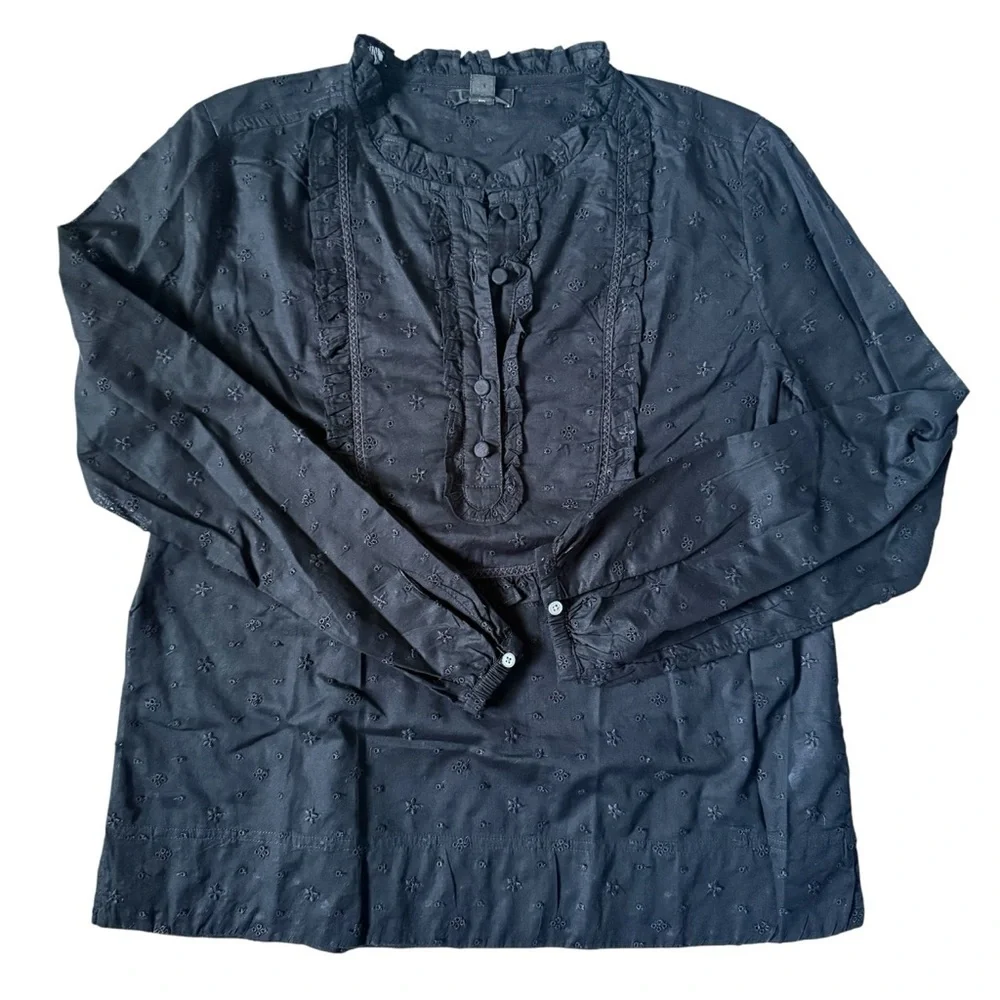 J.Crew Ruffle Eyelet Long Sleeve Shirt Black Cotton Small