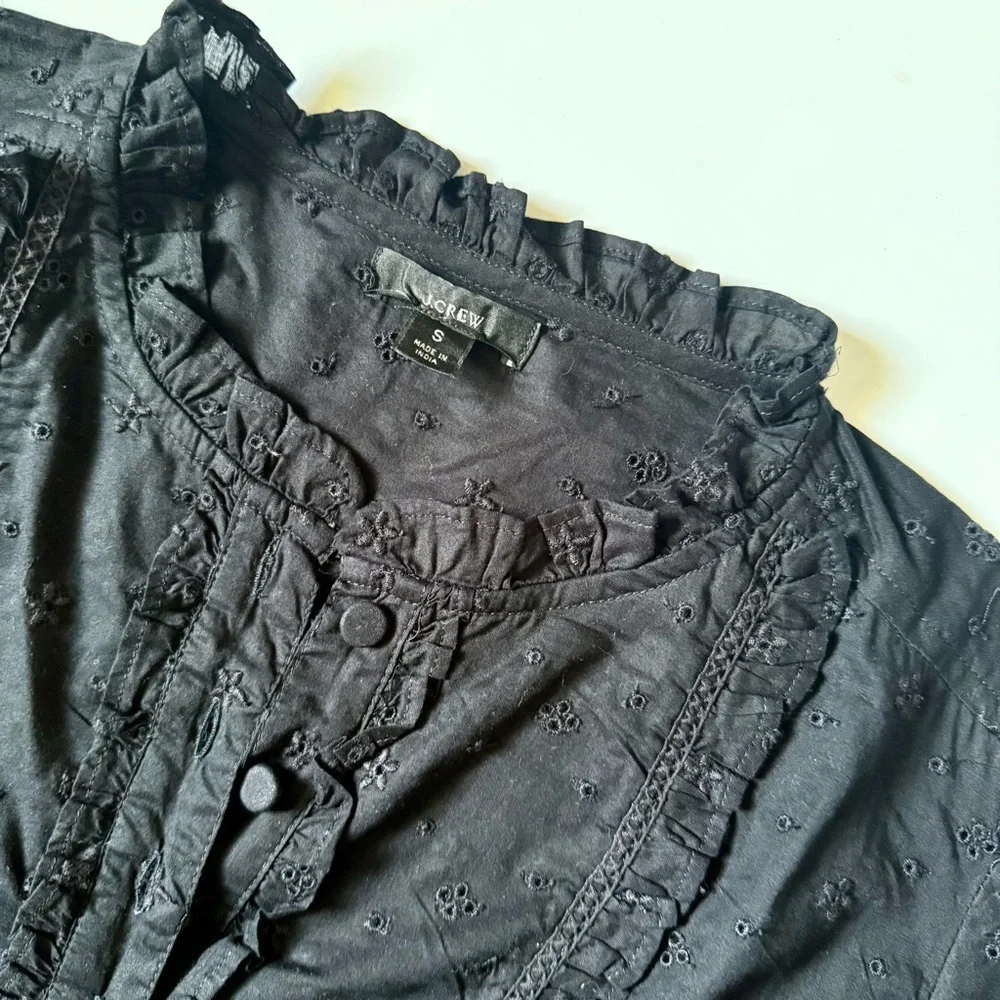 J.Crew Ruffle Eyelet Long Sleeve Shirt Black Cotton Small