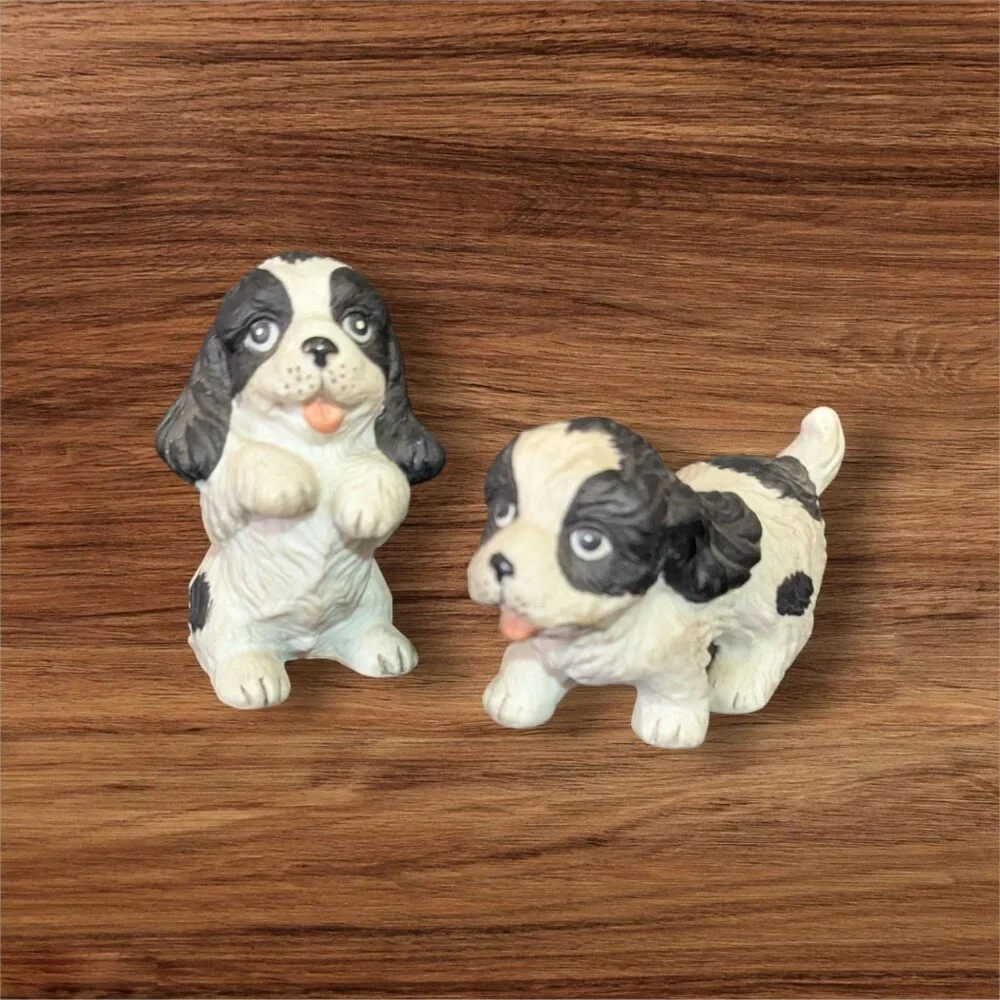 Vintage Japan Set Of 2 Ceramic Spaniel‎ Puppy Figurines With Playful Expressions