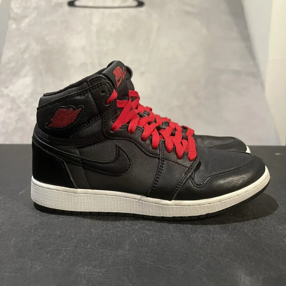 Nike Air Jordan 1 Mid Shoes Youth 6Y Black Satin Gym Red GS Sneakers