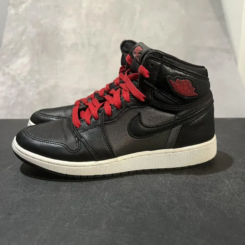 Nike Air Jordan 1 Mid Shoes Youth 6Y Black Satin Gym Red GS Sneakers
