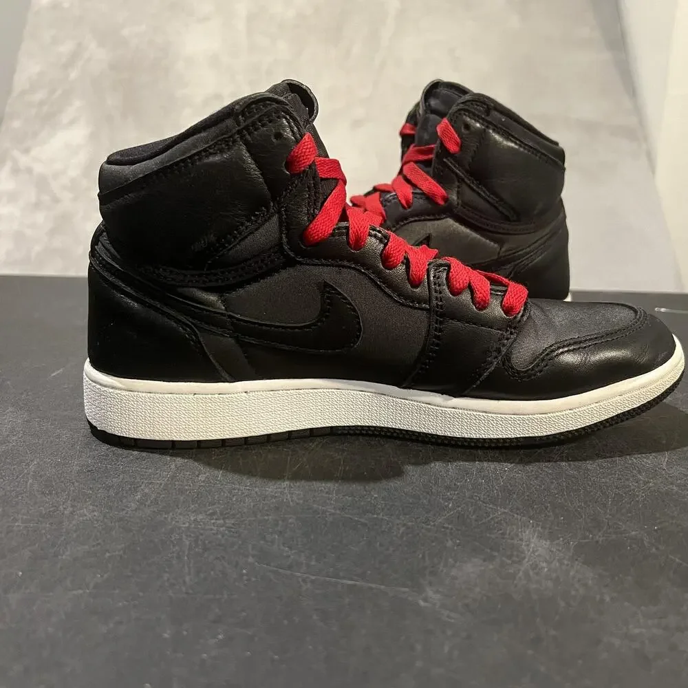 Nike Air Jordan 1 Mid Shoes Youth 6Y Black Satin Gym Red GS Sneakers