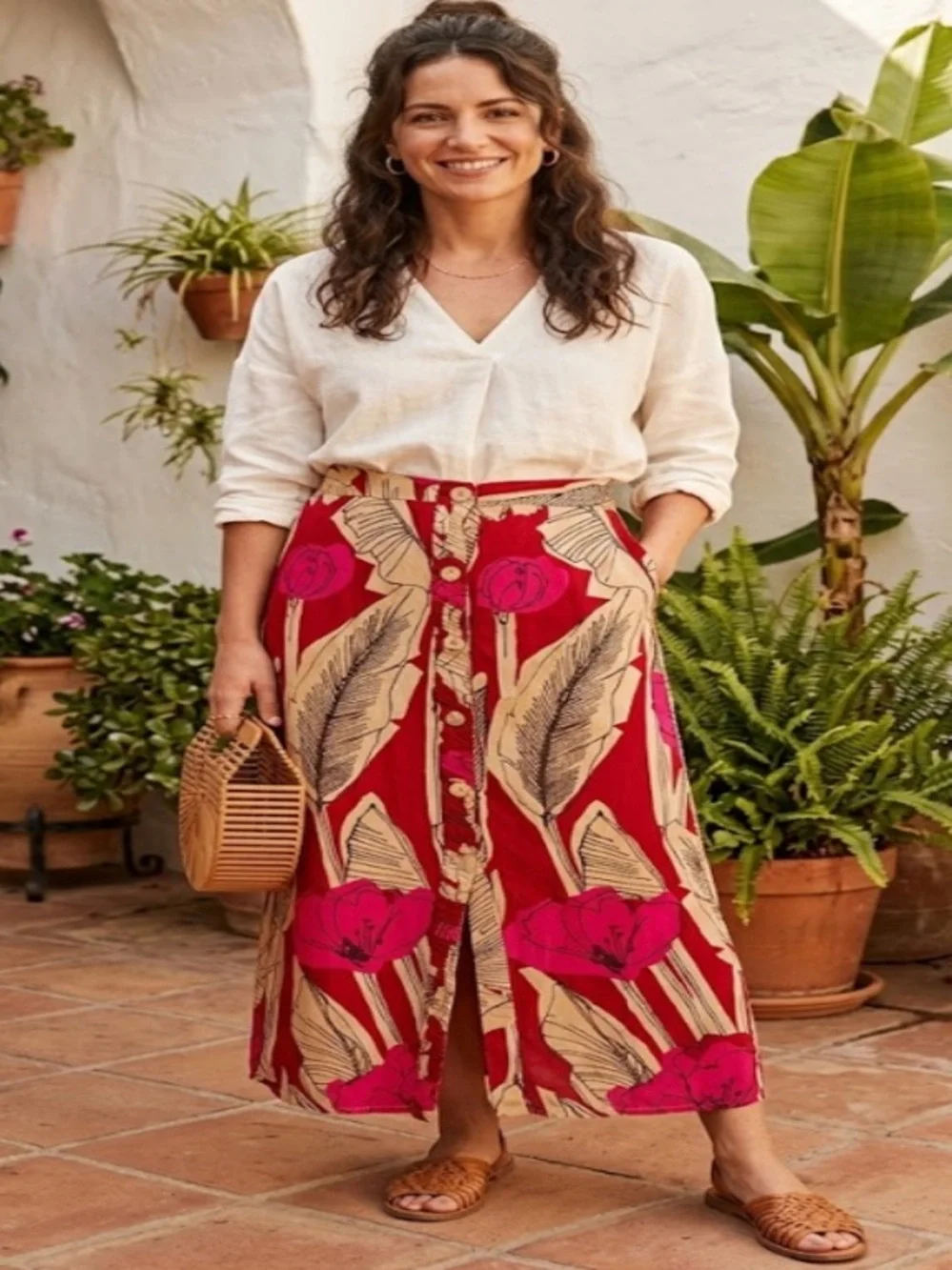Zara Red and Pink Tropical Midi Skirt