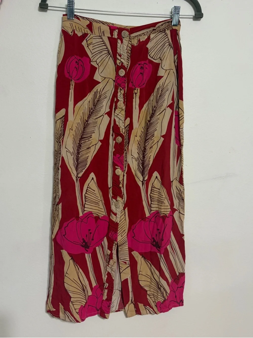 Zara Red and Pink Tropical Midi Skirt