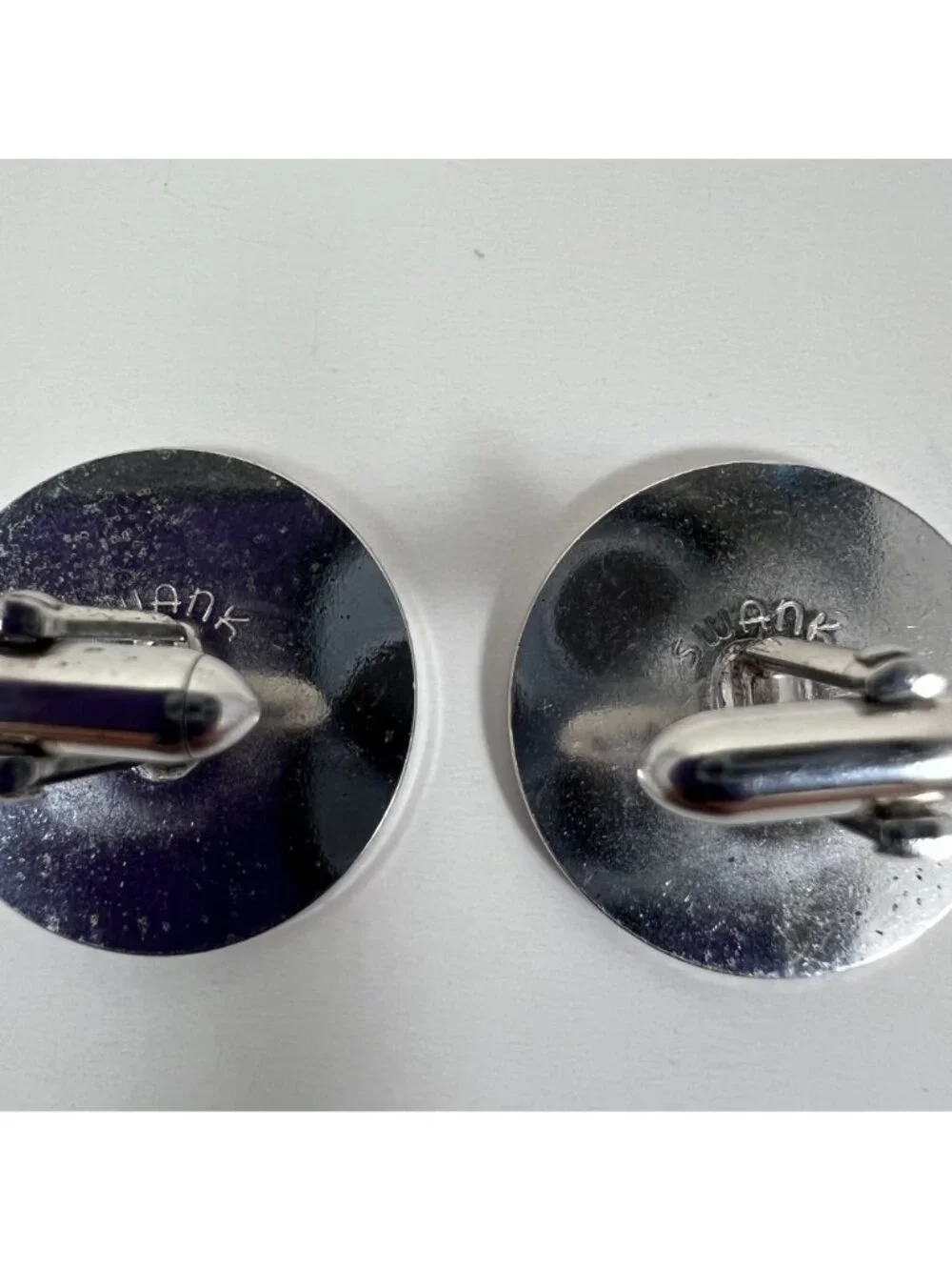 Vintage Swank Silver-Tone Black Enamel Round Cufflinks With Abstract Tree Design