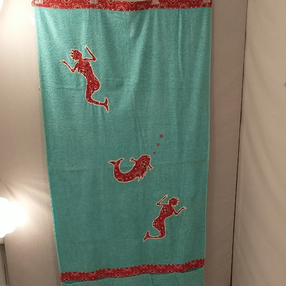 Wild 50s Beach Towel Calico Nymph On Aqua Terry Pockets 1 Zip w Tag Unused 66x36