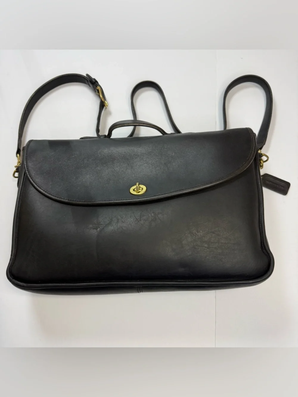 Coach vintage Black Leather briefcase messenger Bag full grain leather EUC