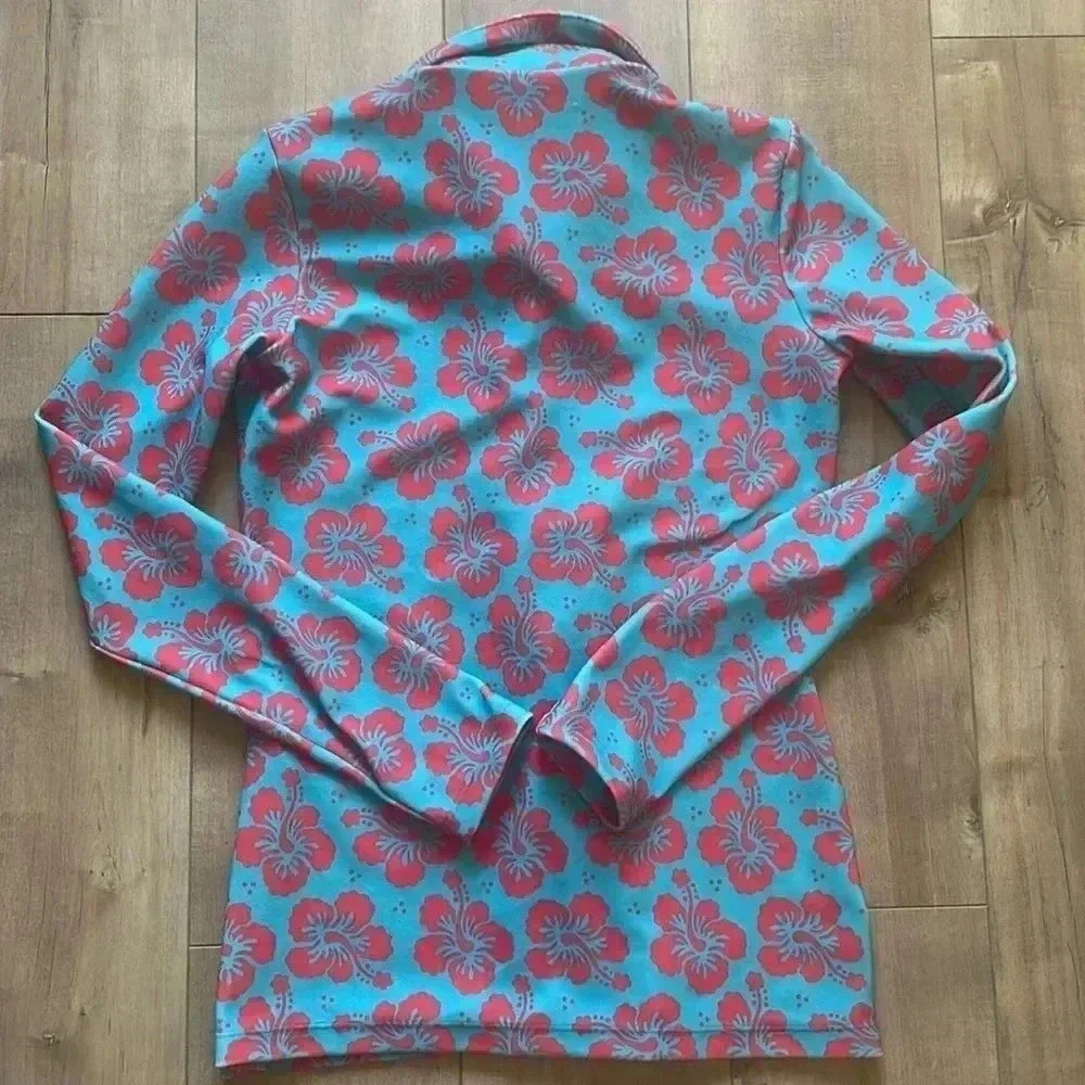 NWT Frankie’s Bikinis Nova Terry Floral Long Sleeve Button Up Blue Magic Sz S