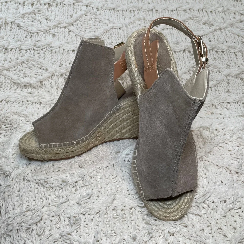 Seychelles Taupe Suede Espadrille Wedge Sandals Peep Toe Slingback Womens Size 7