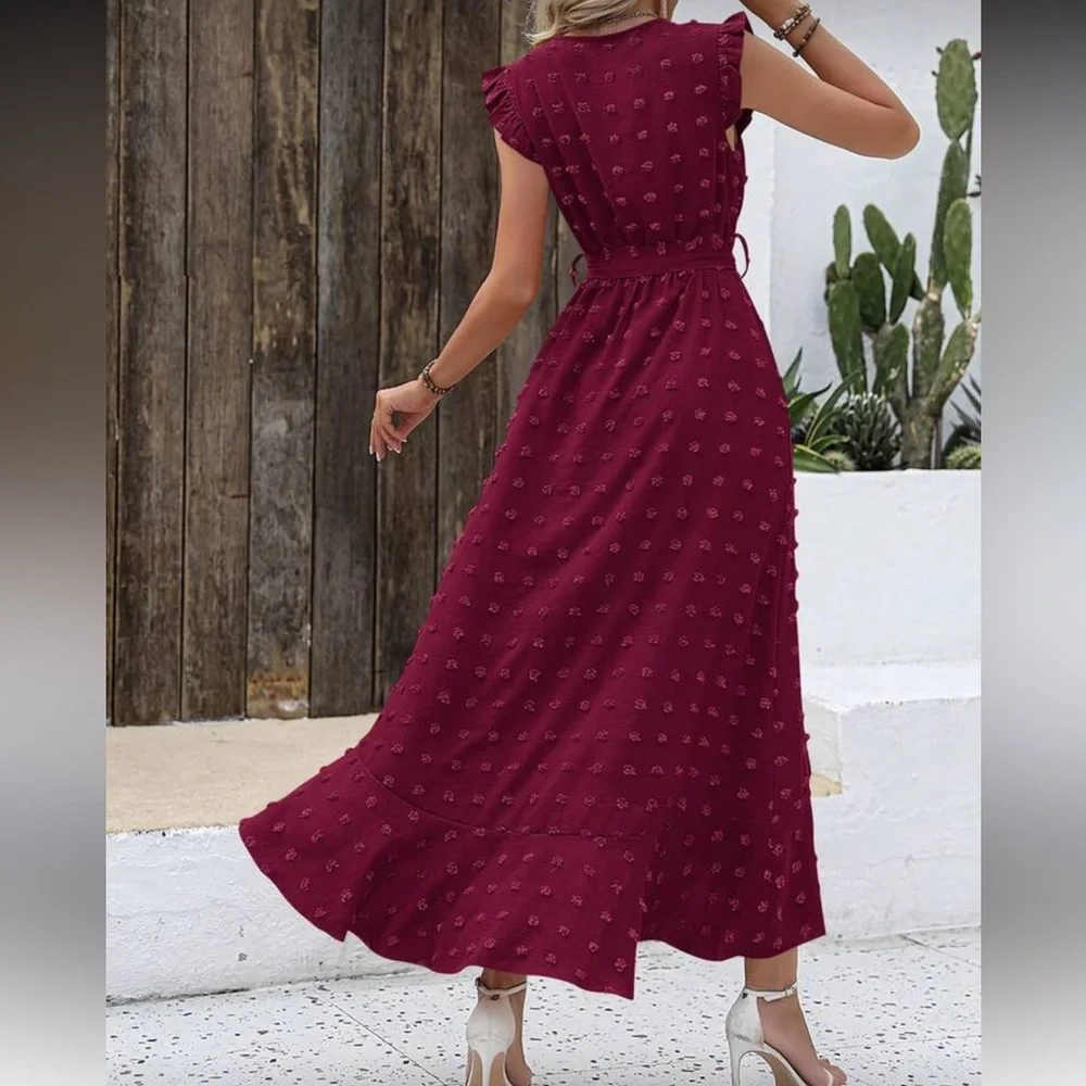 Elegant Burgundy High-Low Midi Dress with Tie Waist