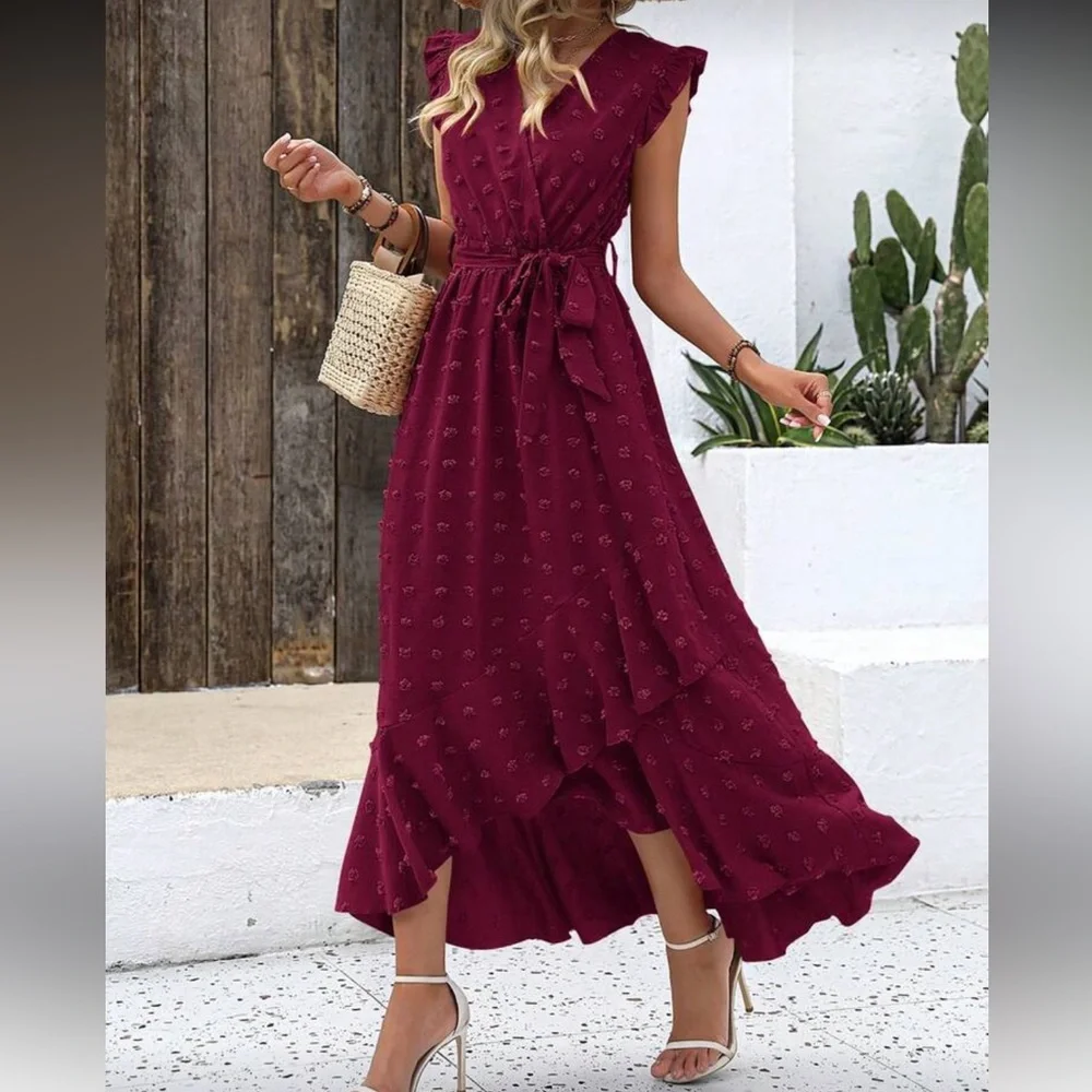 Elegant Burgundy High-Low Midi Dress with Tie Waist