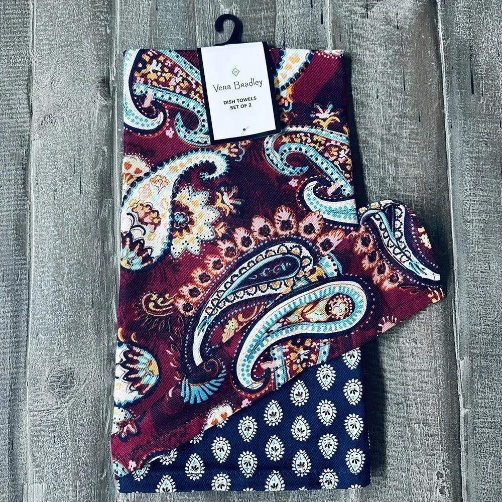 Vera Bradley Paisley Kitchen Dish Towels Set Maroon Navy Blue