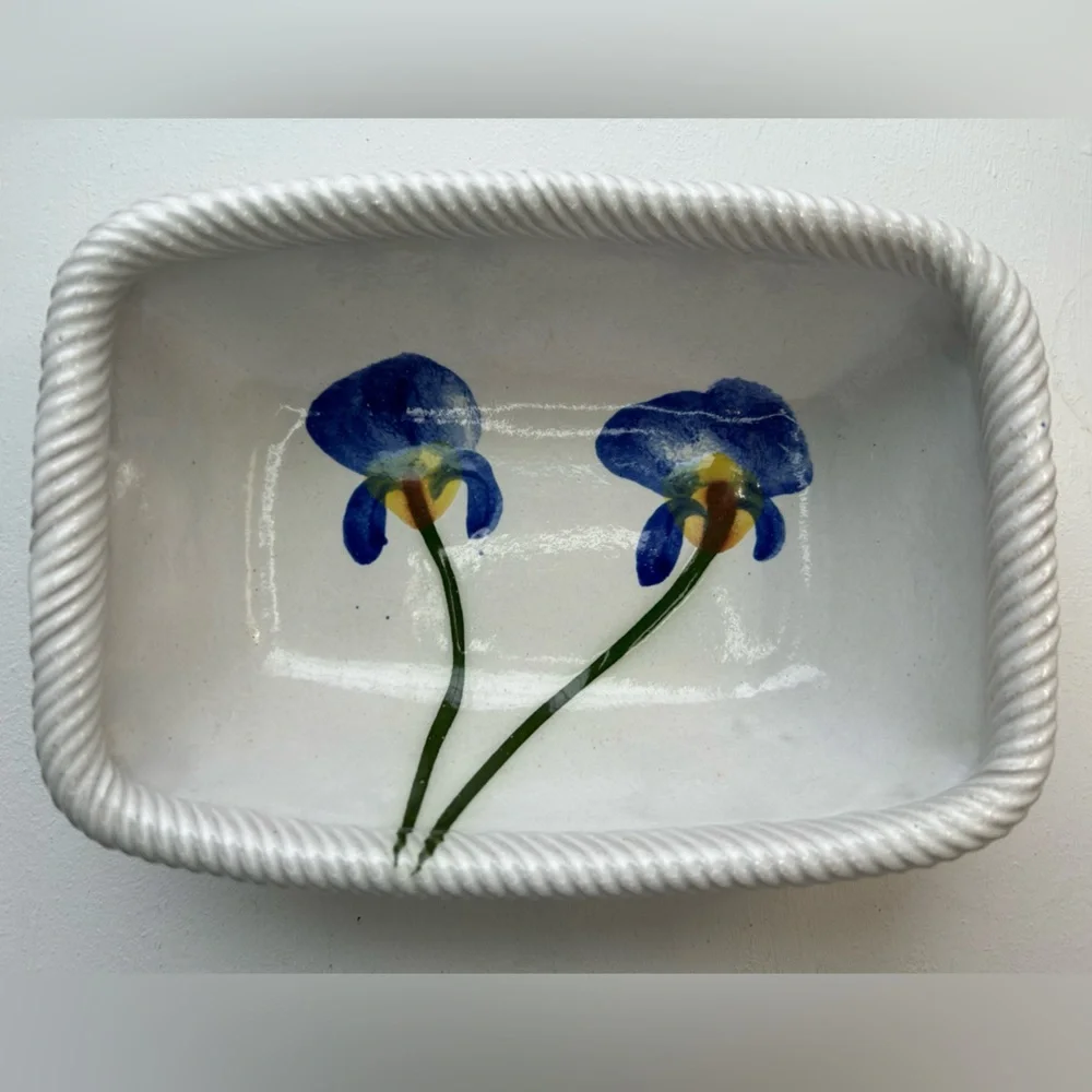 Blue iris handmade off white pottery ribbed edge casserole dish stamped