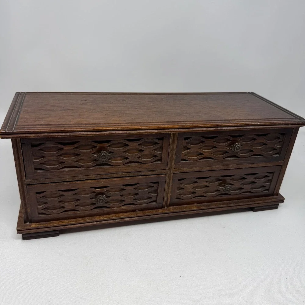 Vintage Japanese Wooden Jewelry Box 4 Drawer Lattice Front Red Velvet Music Box