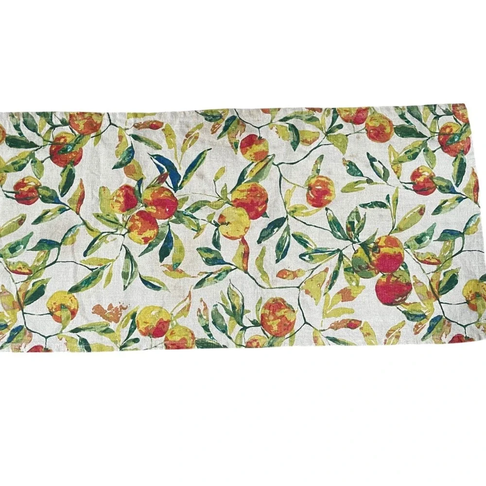 World Market Table Runner 100% Linen Green Orange Fruit Peaches Vibrant 16 x‎ 90