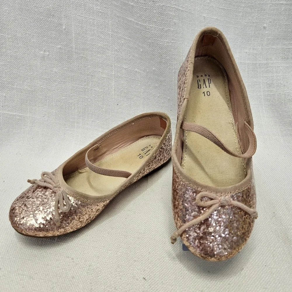 Gap Ballet Flats Girls Size 10 Rose Gold Glitter Bow Elastic Strap Dressy Shoes
