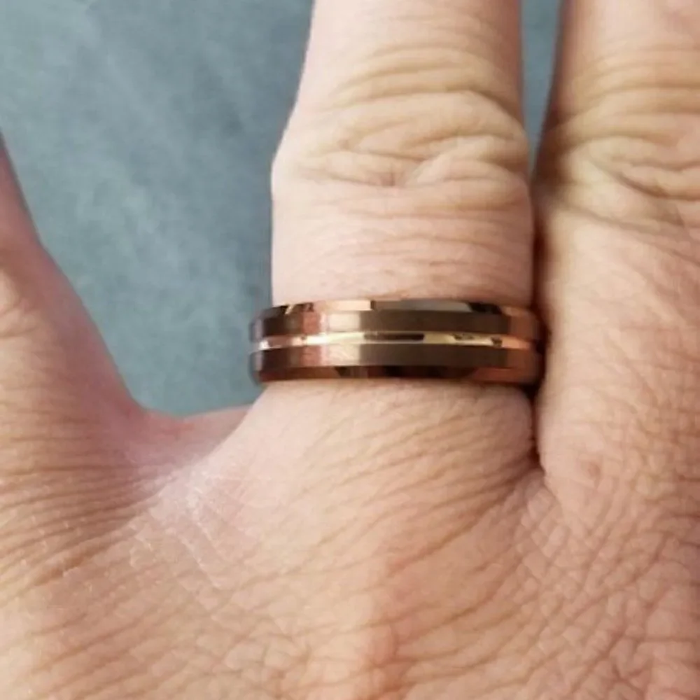 Engraved Men's Real Copper Brown Tungsten Wedding Ring - Rose Gold Center Groove