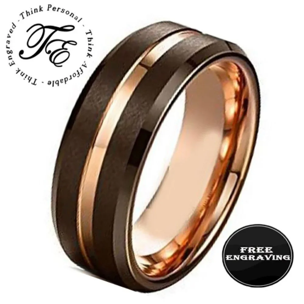 Engraved Men's Real Copper Brown Tungsten Wedding Ring - Rose Gold Center Groove