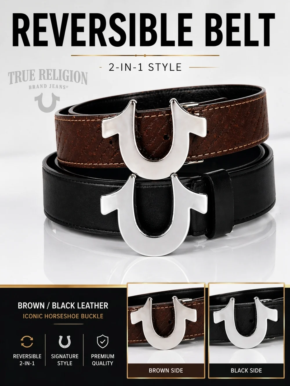 TRUE RELIGION Reversible BELT Silver Horseshoe Buckle Brown Black Leather 42