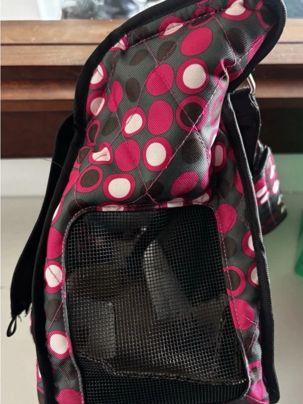 Outward Hound Black and Pink Polka Dot Crossbody Pet Carrier