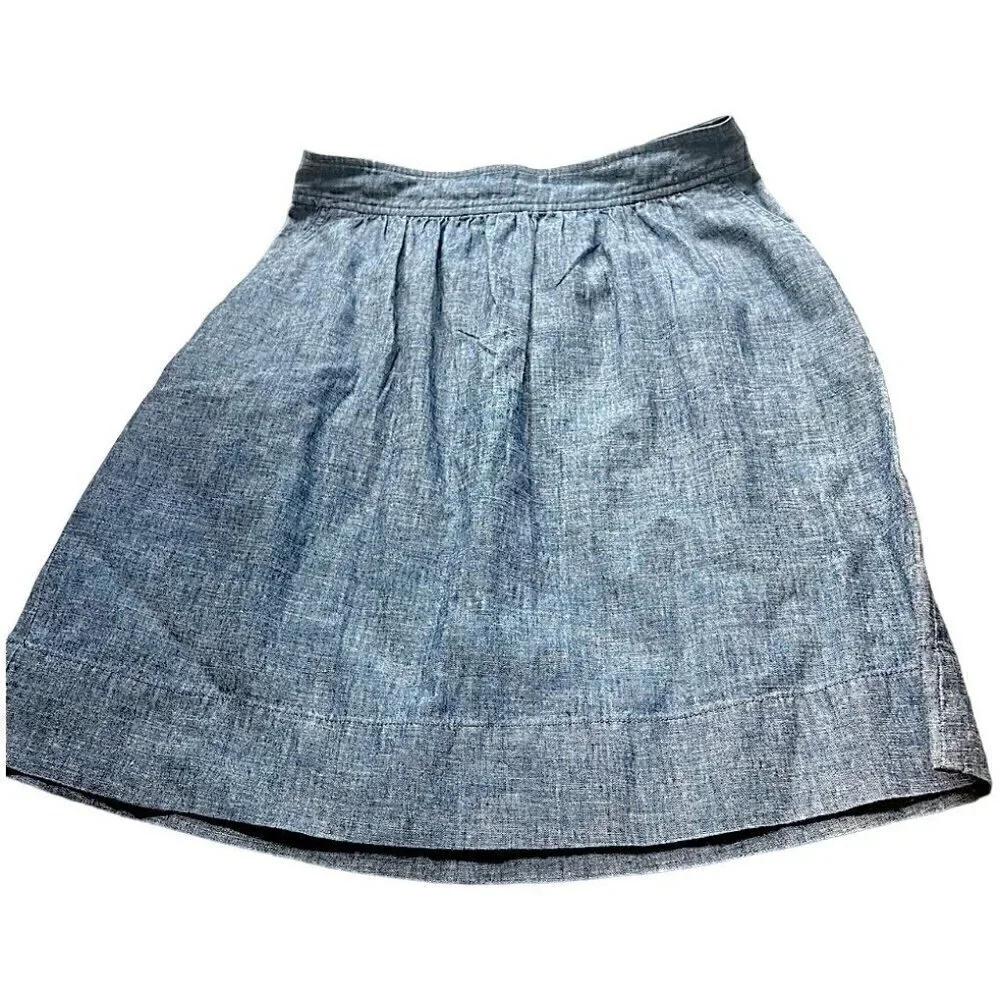 Eileen Fisher Blue Chambray Skirt w/Pockets Banded Pleated Waist Round Hem Sz P
