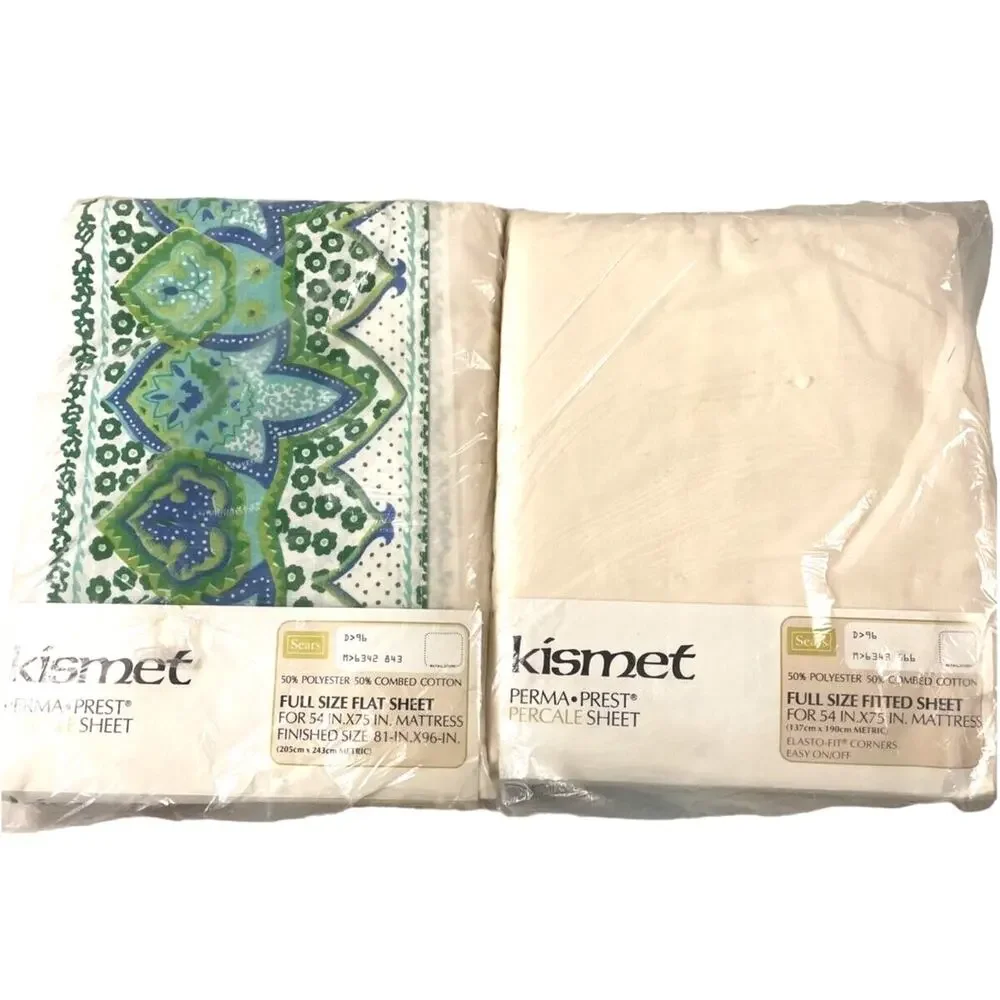 Vintage Sears Kismet Sheet Set – 2 Full Flat & Fitted NOS Beige Green Blue MCM