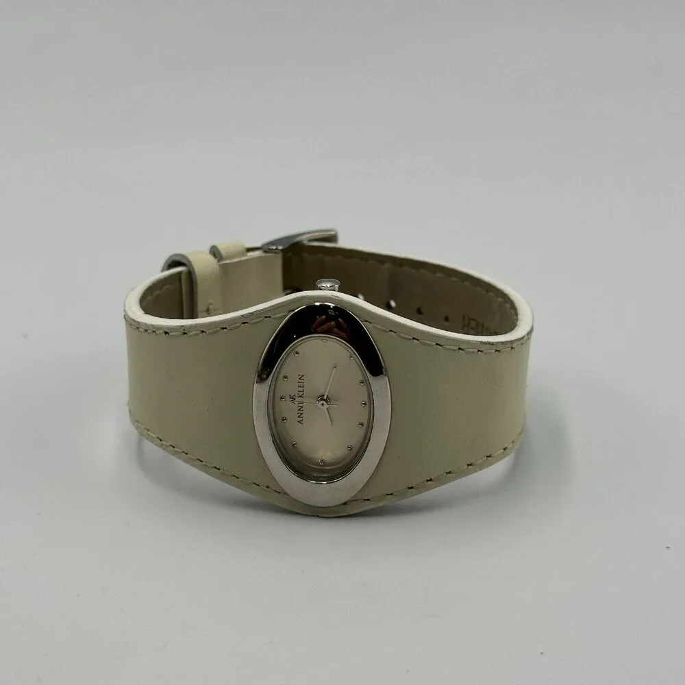3/$30 Anne Klein Watch Women Silver Tone Cream Leather Band New Battery 8.5