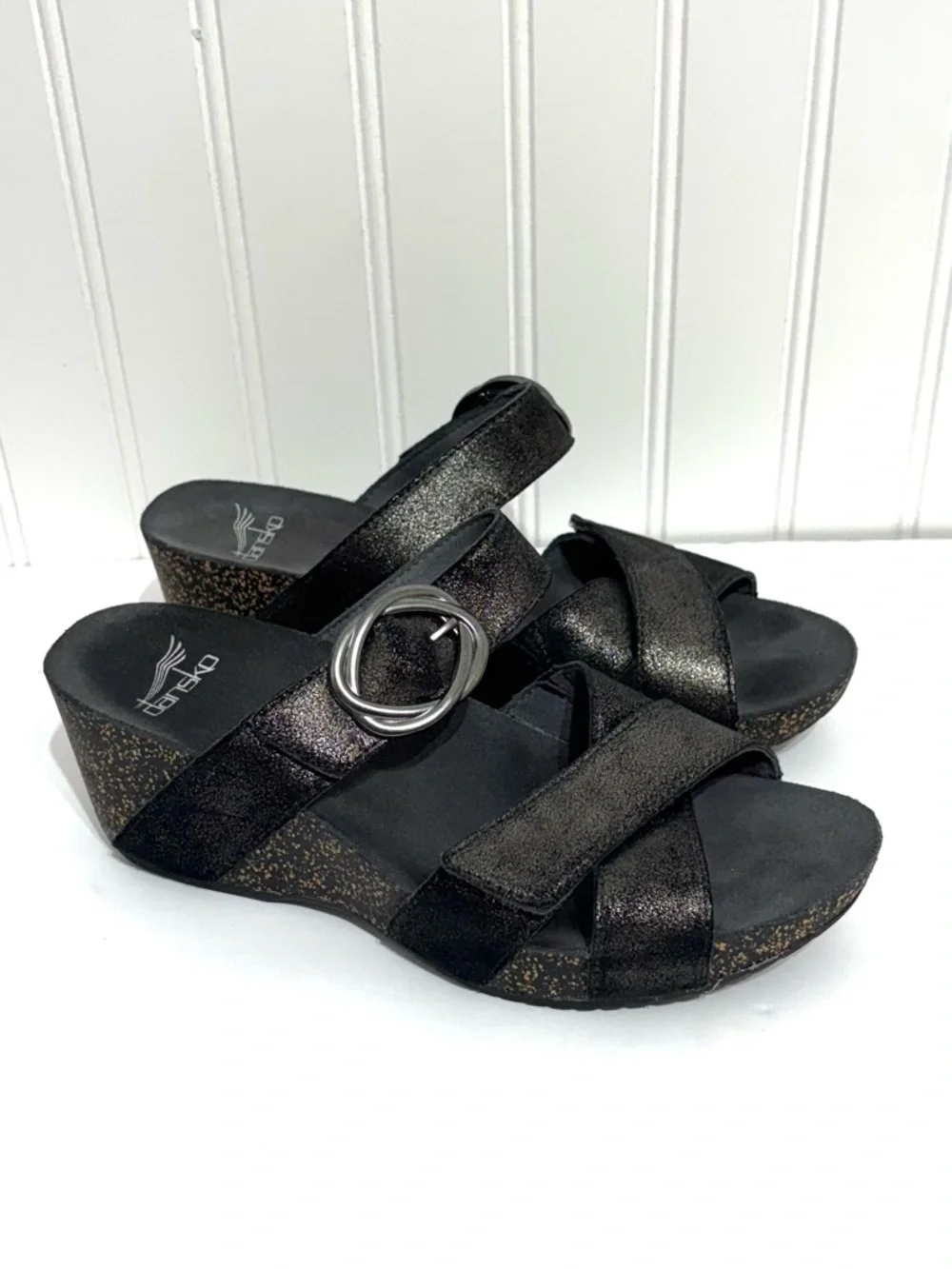 Dansko Susie Black Shimmer Leather Wedge Sandals Size EU 37 US 6.5-7 Comfort