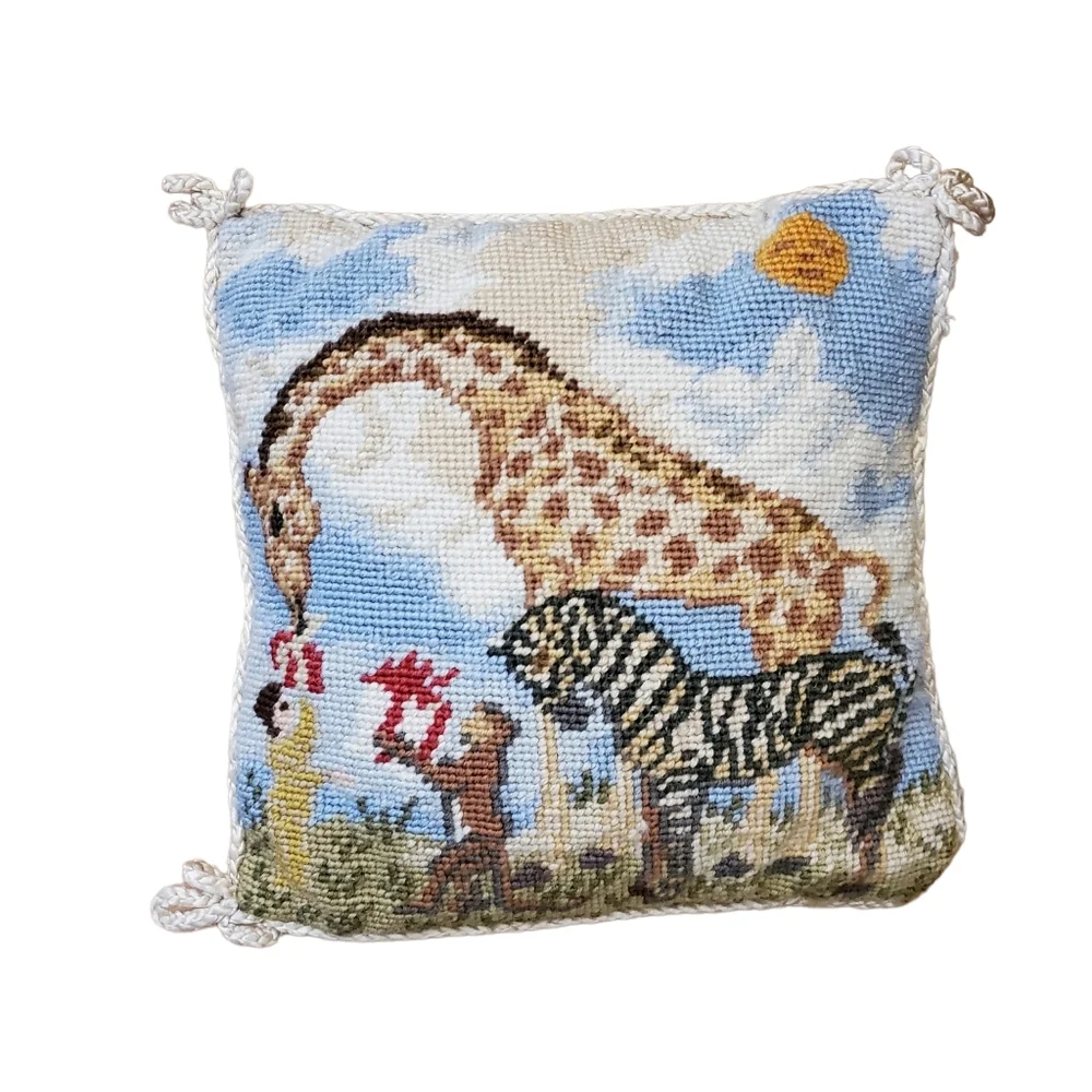 Katha Diddel Vintage Giraffe Zebra Scene Needlepoint Pillows Set Of‎ 2
