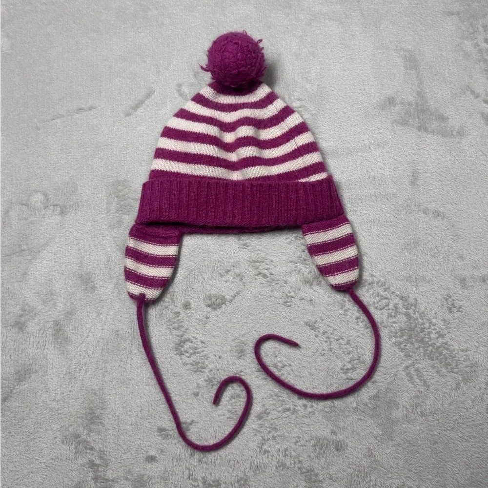 Baby CZ by Carolina Zapf 100% Cashmere Knit Pom Striped Ear Muff Beanie 18-24 M