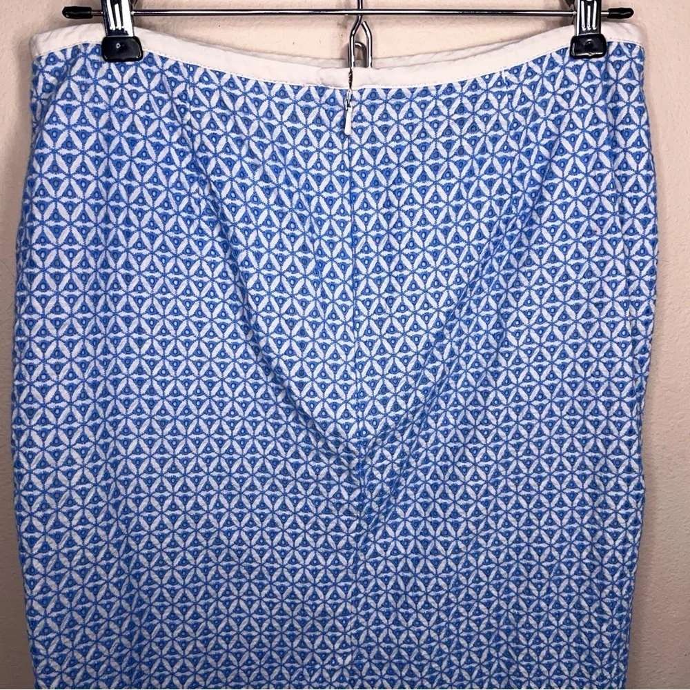 Size Petite 6 Talbots Blue Ivory White Geometric Cotton Skirt Lined Zip Closure