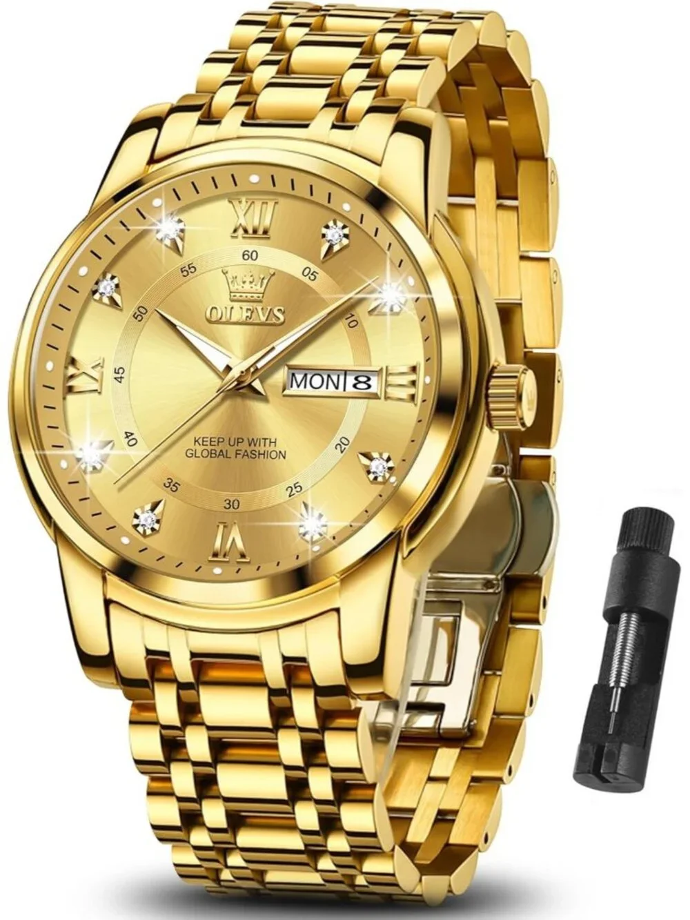 Men's Gold Dimond Stainless Steel Luminous Quartz Waterproof Round Classic Watch