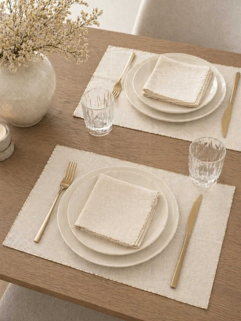 VTG Pure Linen Placemats & Napkins Set Natural Flax Luncheon Linens Coastal